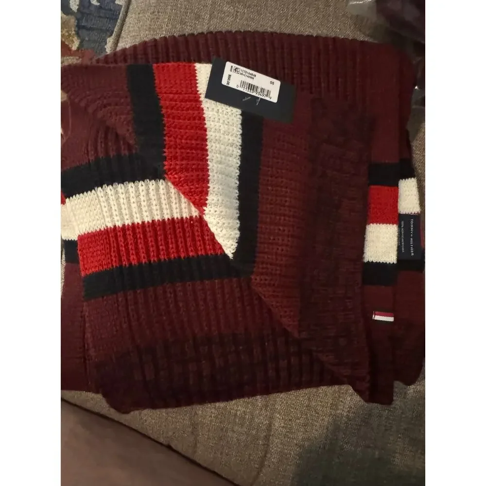 Tommy Hilfiger Men's One Size Maroon Cardigan-Knit Striped Marled Scarf NWT